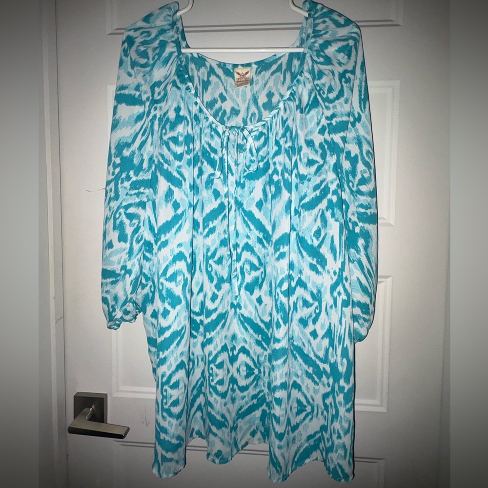 Turquoise White Printed Peasant Blouse 3X